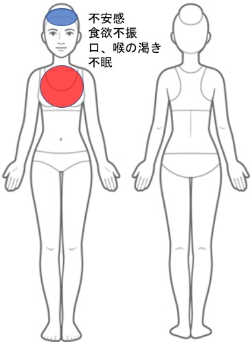 不安感・食欲不振・口、喉の渇き。